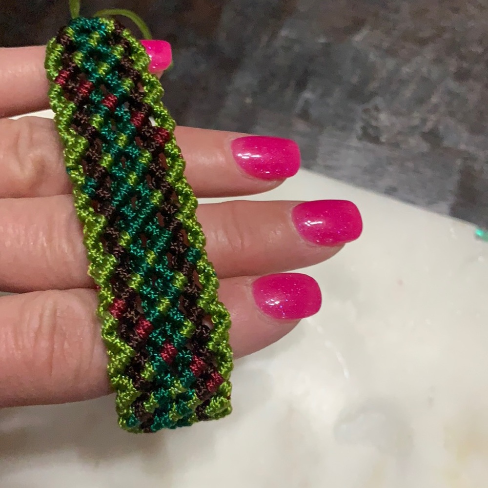 Green, maroon, olive green & burgundy handmade woven twine rope bracelet